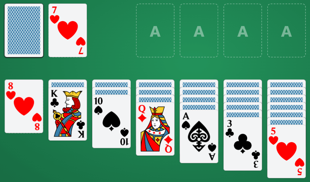 Rozohraná partia hry Klondike Solitaire – po 1 karte